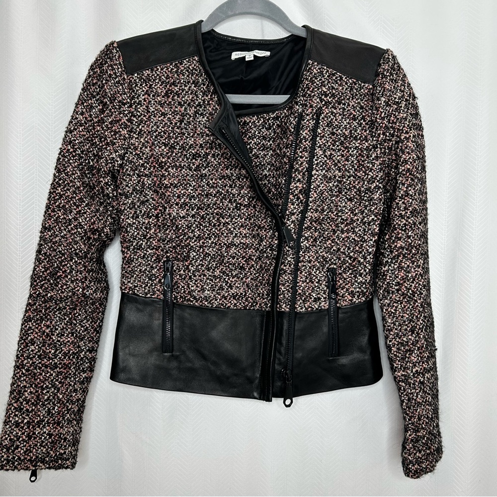 Rebecca Minkoff Ansel pink and black tweed moto jacket cropped